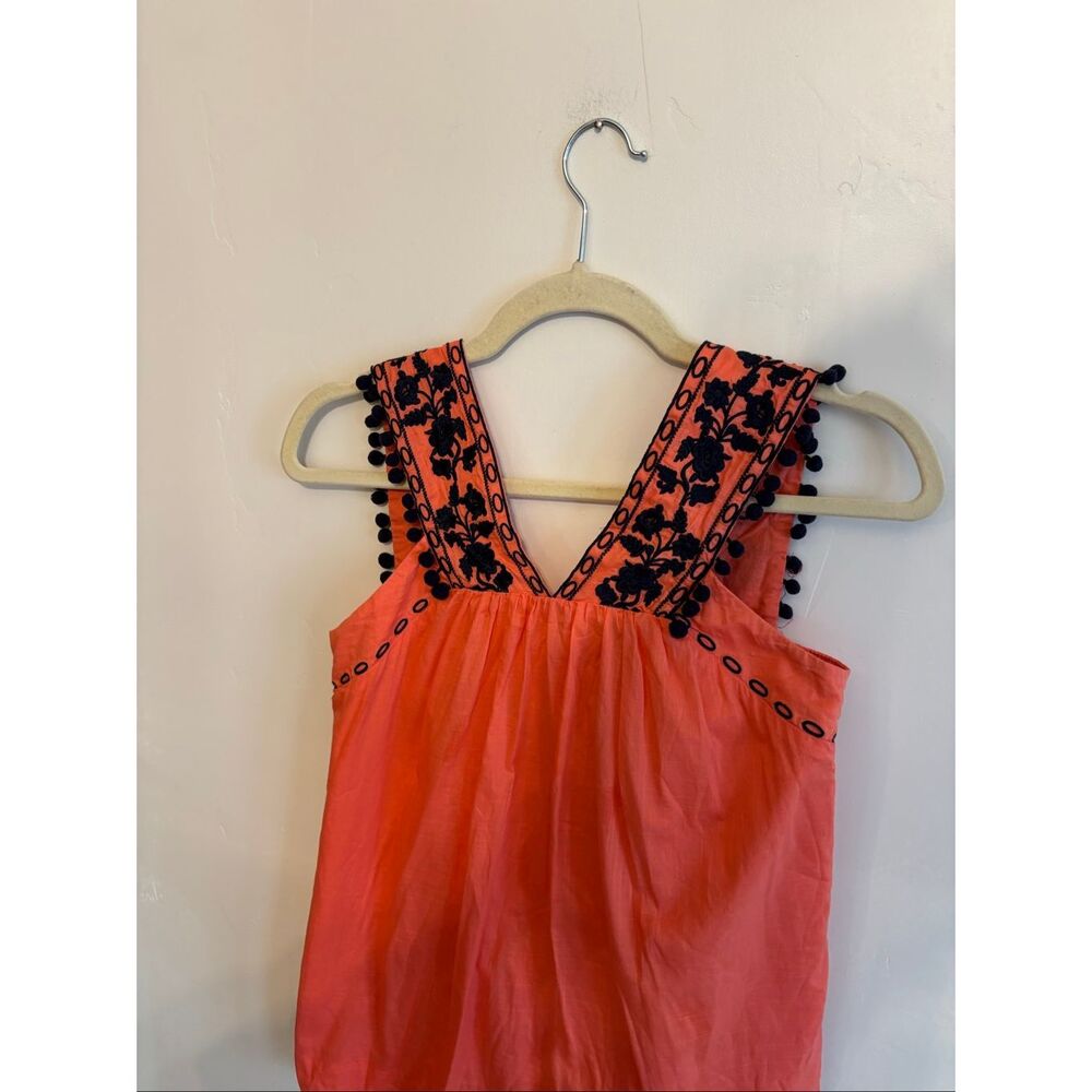 J.Crew Embroidered Pom Pom Tank Top Size 2 Orange Blue Stitch 100% Cotton Boho